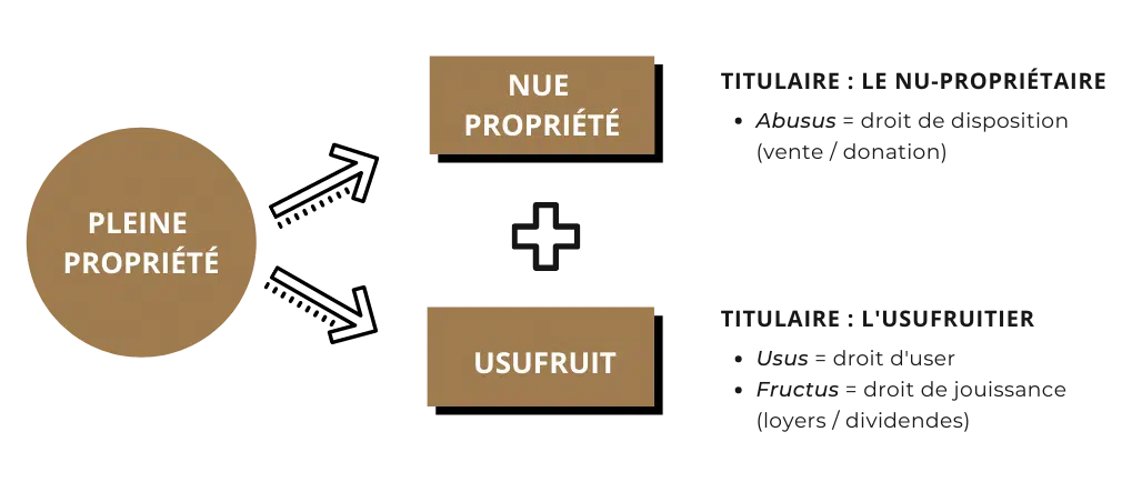 Pleine propriété : Nue propriété (abusus) + Usufruit (usus + fructus)